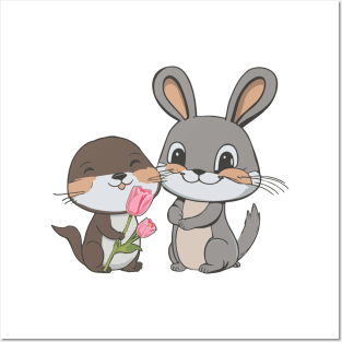 Rabbit & Otter Giving Tulip Posters and Art